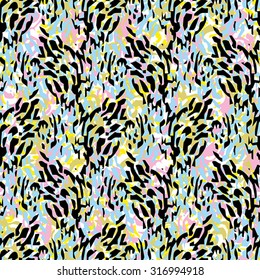 Seamless textile pattern with black and blue elements on pink background