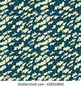 Seamless textile pattern with clouds and swirls. Hand draw doodle illustration. Yellow and dark blue colors.