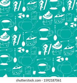 Seamless textile pattern from contour cups of tea, coffee, spoons and sweets on a green background. Hand-drawn vector illustration for weave, tile, paper, wallpaper.