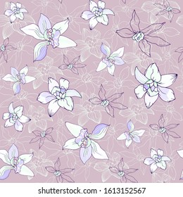 Seamless textile pattern of delicate tropical flowers on a purple background. Vector illustration for fabric for fabric, paper and tile decoration.