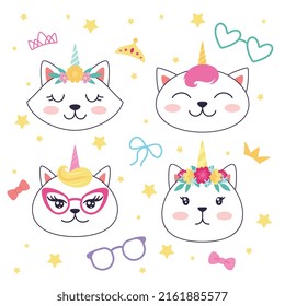 Seamless textile pattern design with cute funny cats unicorns. Endless childish design concept for children t shirts and stationery, hand drawn vector illustration.