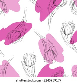 Diseño de patrones textiles impecables con tulipanes sobre manchas abstractas, ilustración vectorial dibujada a mano. Papel de escritorio o diseño de tela.