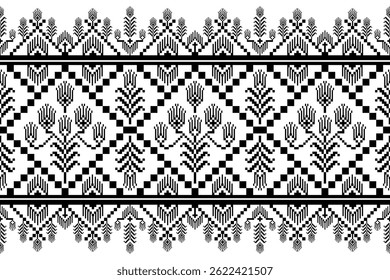 Seamless textile pattern featuring a floral pixel-style motif in black and white. This digital design captures the elegance of folk art with a modern, minimalist, Ideal for textile prints