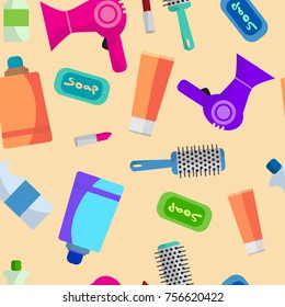 Seamless textile pattern of female self-care items. Hairdryer, soap, lipstick, hairbrush, cream