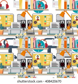 Seamless textile pattern with flat modern design vector concept of home workspace, workplace, desktop. Home work flow items, essentials, things. Interior woman's room background