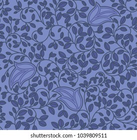 Seamless textile pattern of a flowery plants and leaves with floral background elements in baroque and lace style