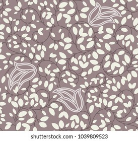 Seamless textile pattern of a flowery plants and leaves with floral background elements in baroque and lace style