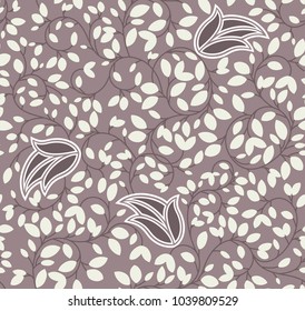 Seamless textile pattern of a flowery plants and leaves with floral background elements in baroque and lace style