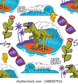 Seamless textile pattern with Funny kid T-REX Tyrannosaurus Rex surfer dino dinosaur riding on big wave Cartoon character trendy illustration vector for print design t shirt tee clothes sticker poster