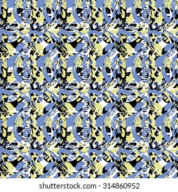Seamless textile pattern with green, black and blue elements on white background