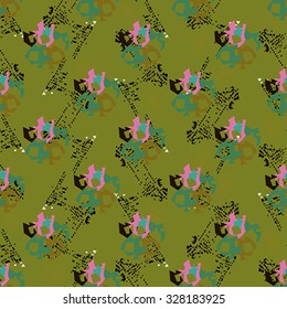 Seamless textile pattern with green, pink, and black elements on green background