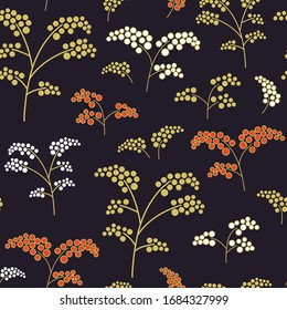 Patrón textil sin inconvenientes con doodles dibujados a mano de ramas coloridas con bayas sobre un fondo oscuro. Ornamento vectorial tradicional de arte nativo, patrón folclórico.