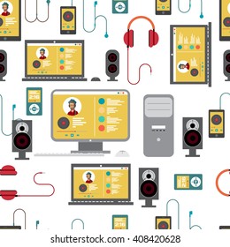 Seamless textile pattern with home stereo flat vector illustration for music lovers. Loudspeakers, player, receiver, subwoofer, remote, vinyl, smartphone, tablet, headphones background