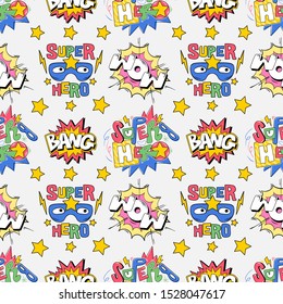 Seamless textile pattern with many colorful funny comics pop art style inscriptions superhero masks, BANG, WOW. Doodle vector cartoon illustration print apparel design for geek boys t-shirt merch.