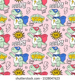 Seamless textile pattern with many funny cute superhero dinosaurs T-REX in mask and cloak and with comics style inscription. Doodle vector cartoon character illustration print design apparel.