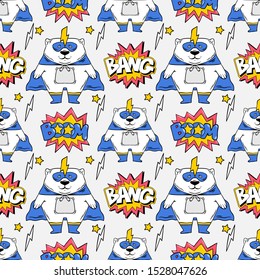 Seamless textile pattern with many funny cute superhero animals bear in mask and cloak and with comics style inscription BANG and BOOM. Doodle vector cartoon character illustration print apparel.