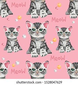 Seamless textile pattern with many very cute small cats kittens on pink background for girls. Embroidery doodle vector illustration cartoon style. Kids print design children clothes t-shirt apparel.