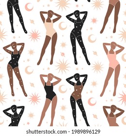 Seamless textile pattern with modern silhouette of woman dressed in swimsuit is standing opposite her cosmic reflection. Boho style vector illustration with female characters and heavenly bodies .