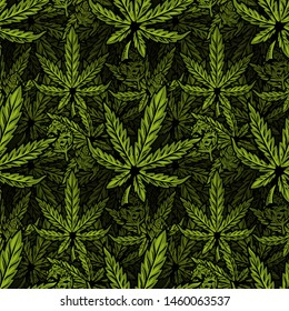 Seamless textile pattern with natural bio eco plant leaves of marijuana, cannabis, weed, hemp CBD Oil, bud medical cannabis THC.  Modern print design illustration for poster, sticker, banner, clothes.
