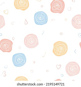 Seamless textile pattern with pastel sketch drawing with colorful tangles swirls doodle vector illustration isolated on white background.