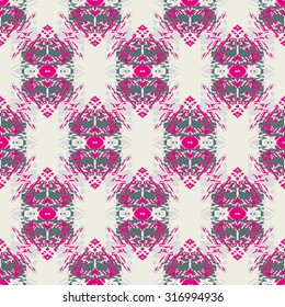 Seamless textile pattern with pink and green elements on yellow background