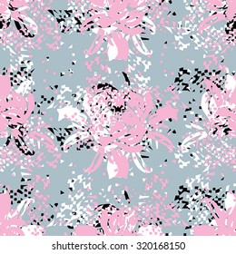 Seamless textile pattern with pink, white and black elements on grey background