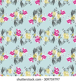 Seamless textile pattern with pink, yellow and black elements on blue background