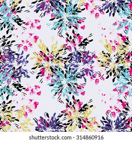 Seamless textile pattern with pink, yellow and blue elements on grey background