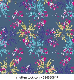 Seamless textile pattern with pink, yellow and blue elements on violet background