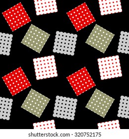 Seamless textile pattern. Polka dot squares on black background. Backgrounds & textures shop.