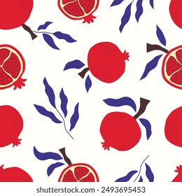 Seamless textile pattern with pomegranate and leaves. Abstract background with fruit drawn by hand. Modern summer print.