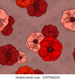 Seamless textile pattern with a red poppy flower on a light background.Beautiful floral decoration.red floral ornament with blooming poppies buds and leaves, wedding or love romance decoration.Eps10