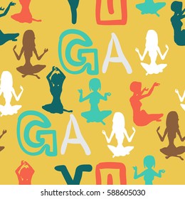 Seamless textile pattern of the silhouettes women involved in fitness yoga. Vector flat cartoon background