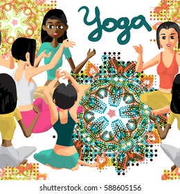 Seamless textile pattern of the silhouettes women involved in fitness yoga with ornamental backdrop. Vector flat cartoon background