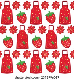 Seamless textile pattern of strawberries. Flat fruit and flower pattern set. kitchen appliances clipart and kitchenware. Strawberry kitchen appliances sticker set.