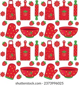 Seamless textile pattern of strawberries. Flat fruit and flower pattern set. kitchen appliances clipart and kitchenware. Strawberry kitchen appliances sticker set.