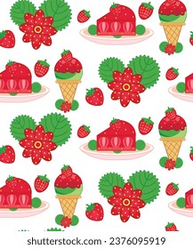Seamless textile pattern of strawberries. Flat fruit and flower pattern set. Seamless pattern with strawberry in cartoon style. seasonal strawberry wallpaper. 