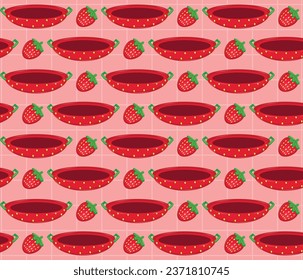 Patrón textil sin inconvenientes de los aparatos de cocina de fresa. El conjunto de frutas planas y flores. electrodomésticos para la cocina y utensilios de cocina. Patrón sin foco con fresa al estilo de las caricaturas.