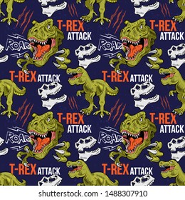 Seamless textile pattern with T-REX attack Tyrannosaurus Rex dinosaur dangerous dino head make noise. Cartoon character illustration for trendy hipster kid print design t shirt tee clothes poster.