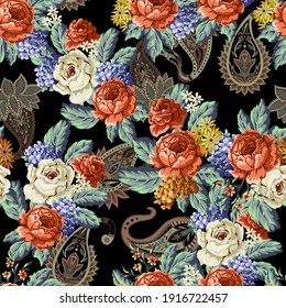 Seamless textile pattern with vintage flowers and paisley. Vector
