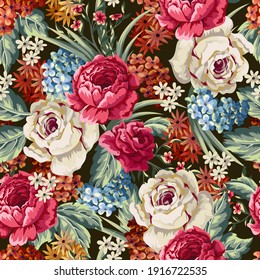 Seamless textile pattern with vintage flowers. Floral victorian fabric