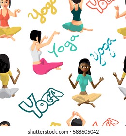 Seamless textile pattern of the women involved in fitness yoga in sportswear. Vector flat cartoon background