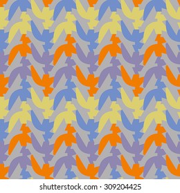 Seamless textile pattern with yellow, lilac, blue and orange elements on grey background
