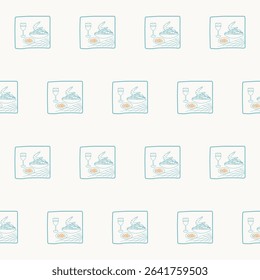 Seamless Textile Print Pattern. Mediterranean Atmosphere. Travel and Vacation Rest Theme. Summer Resort Fabric Swatch Doodle Line Art 
 Hand Crafted Decoration. Simple Sketch Outline Drawing.
