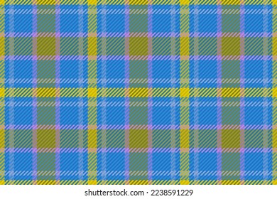 Textura textil sin foco. Patrón de tela de plástico. Comprobación de vectores de tartán de fondo en colores amarillo y violeta.