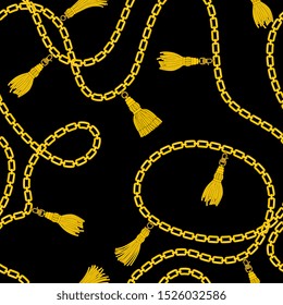 Seamless textile trendy pattern with gold chains, belts and tassels on a black background. Vintage retro pattern with golden tassels for printing on fabric, vector fashion illustration.