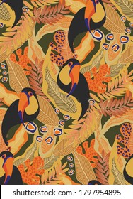 seamless textile trendy vector pattern with toucans on a branch in tropical nature in exotic with tropical leaves abstract painting