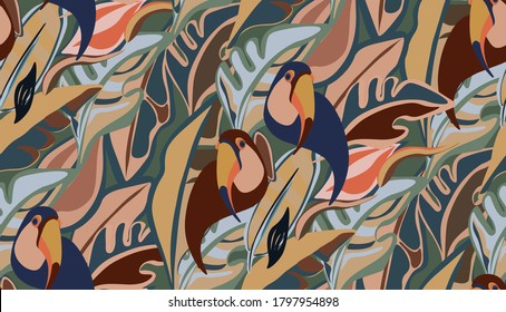 seamless textile trendy vector pattern with toucans on a branch in tropical nature in exotic with tropical leaves abstract painting