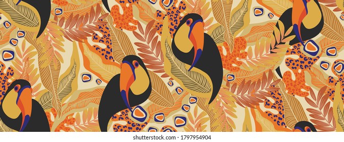 patrón vectorial de moda textil sin fisuras con tucanes en una rama de naturaleza tropical exótica con hojas tropicales pintura abstracta