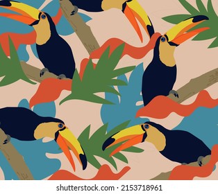 nahtlose Textil-trendige Vektormuster mit Toucans auf einem Zweig in tropischer Natur in exotischen mit tropischen Blättern abstrakte Malerei.